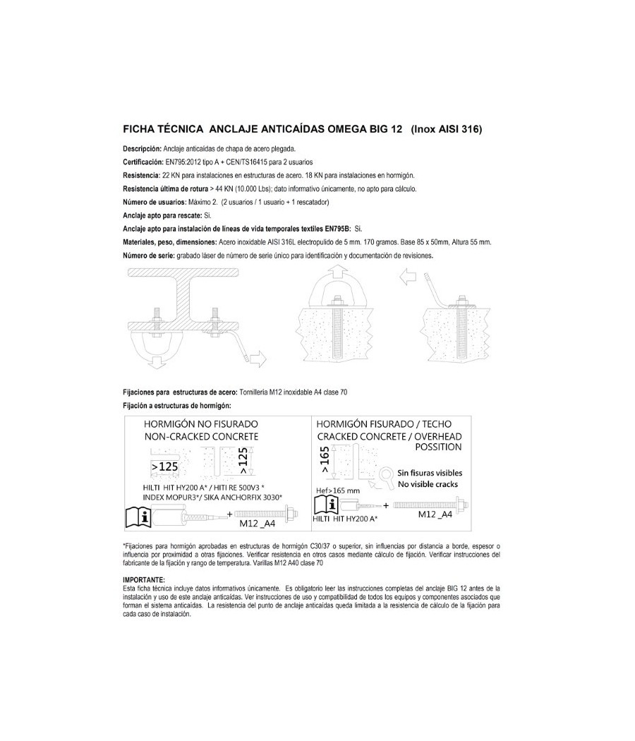 anclaje omega big 12mm inox aisi 316